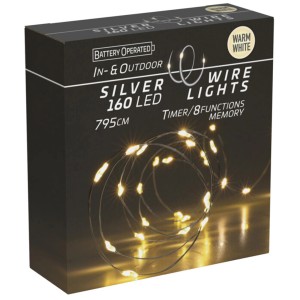 Verpackung einer Silberdraht-Lichterkette mit 160 warmweißen LEDs für den Außenbereich.