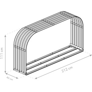 Westmann Kaminholzregal aus Stahl, anthrazit, mit Maßangaben (111x212x46cm).
