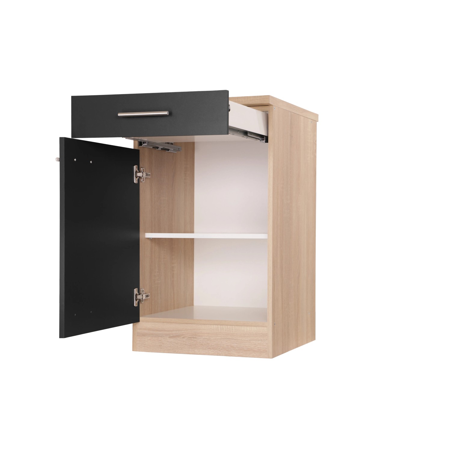 Respekta Unterschrank Merle, 50 cm, Schwarz, mit Schublade und offener Tür. Küchenunterschrank in Holzoptik.