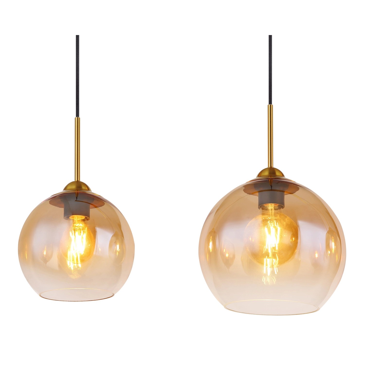 Globo Hängeleuchte Jamessa, 4-flammig, messingfarben mit amberfarbenen Glasschirmen.