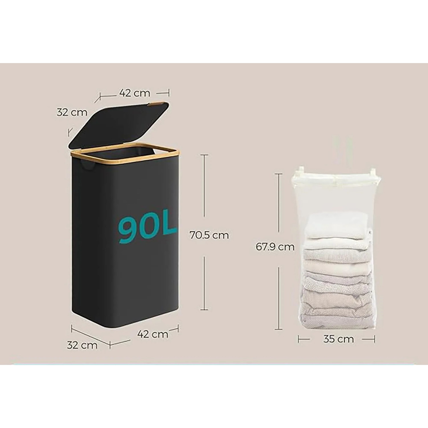 Songmics Wäschesammler Roxanne, 90L, schwarz, mit Deckel und herausnehmbarem Wäschesack, Maße
