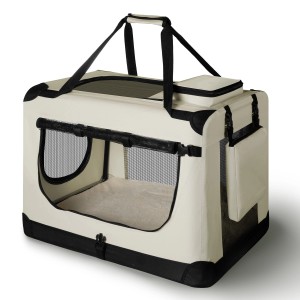 Faltbare, beige Juskys Hundetransportbox Lassie L mit Tragegriffen und Netzfenster.