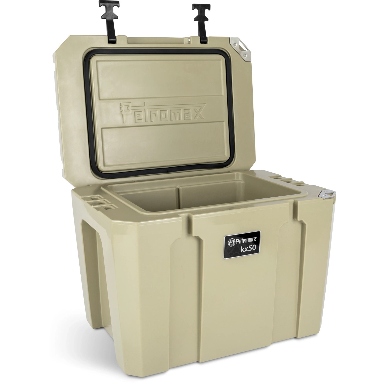 Geöffnete, sandfarbene Petromax Kühlbox 50 l. Robuste Thermobox für Camping und Outdoor-Aktivitäten.