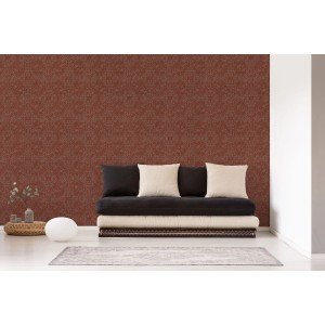 Wohnraum mit roter Livingwalls Tapete mit ethnischen Motiven.