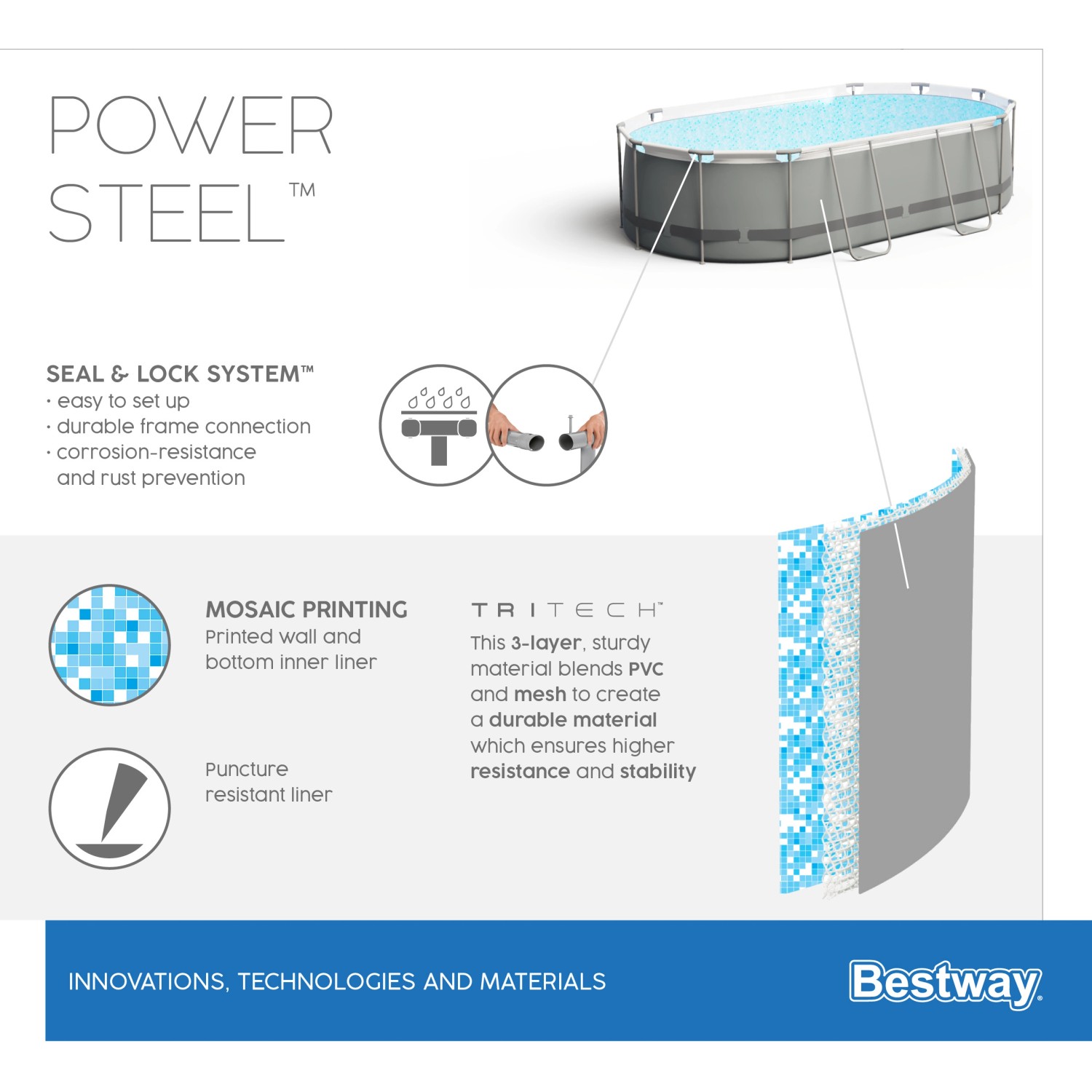 Bestway Frame Pool Power Steel, ovales Komplett-Set in Grau, 488x305x107 cm, mit Stahlrahmen und Pool-Technologie.
