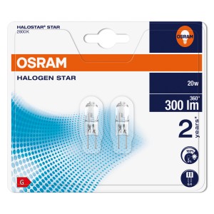 2er Set Osram Niedervolt-Halogenlampen G4, 20W, warmweiß, 300lm, 3,3x1cm. Halogenleuchtmittel für Küchen-, Spiegel- und Eingangsbeleuchtung.