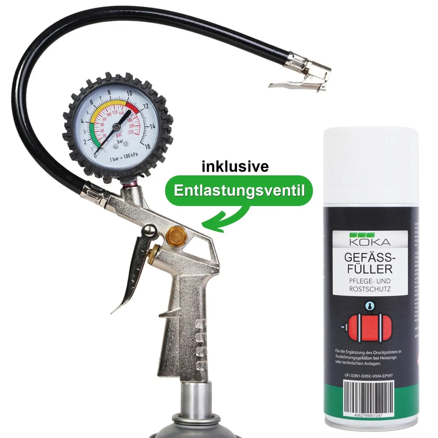 KOKA Gefäßfüller Set mit Manometer, Adapter und Absperrung für Heizungsanlagen.