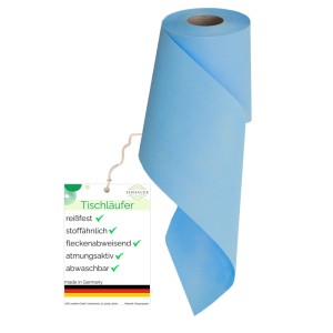 Hellblauer Sensalux Vlies-Tischläufer (15cm x 25m) auf Rolle, mit Etikett. Geeignet für Tischdekoration.