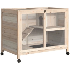 PawHut Kleintierkäfig aus hellem Tannenholz, 2 Ebenen, Rampe, transparente Front, Rollen.