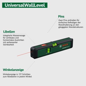 Bosch UniversalWallLevel Laser-Wasserwaage: Kompaktes Messwerkzeug mit Laserlinie und integrierter Wasserwaage.