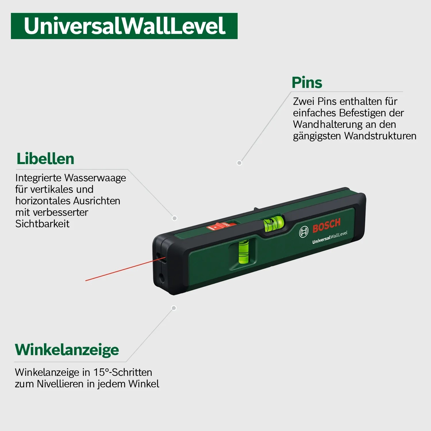Bosch UniversalWallLevel Laser-Wasserwaage: Kompaktes Messwerkzeug mit Laserlinie und integrierter Wasserwaage.