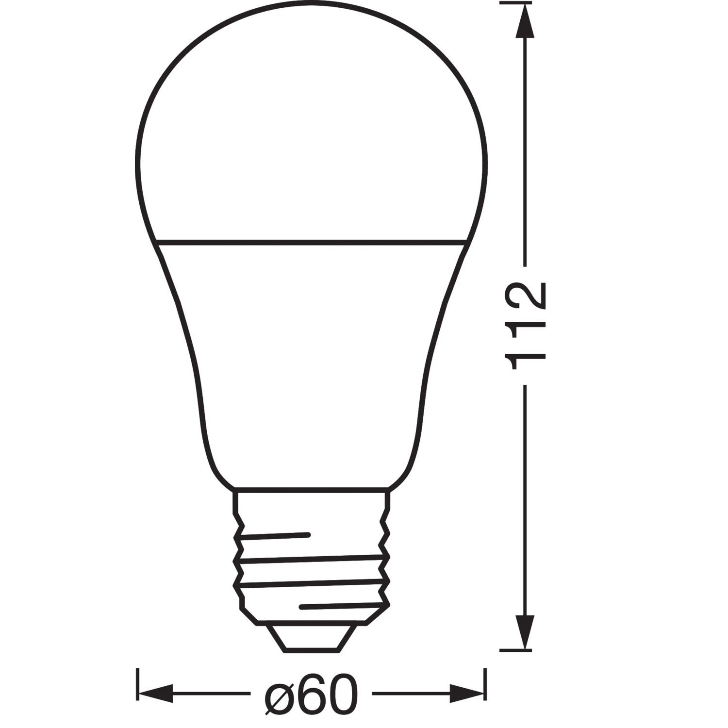 Technische Zeichnung: Osram Smart+ E27 LED-Lampe, A60 Glühlampenform, dimmbar, mit Maßangaben.