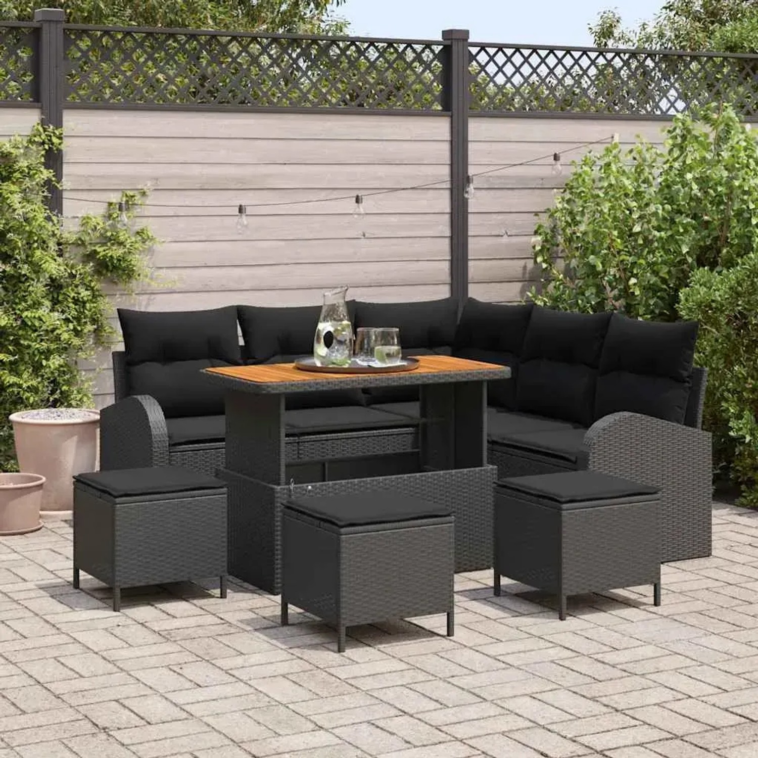 vidaXL Garten-Sofa-Set, 9-teilig, schwarz, Poly Rattan. Gartenmöbel mit Tisch, Ecksofa, Sesseln und Hockern.