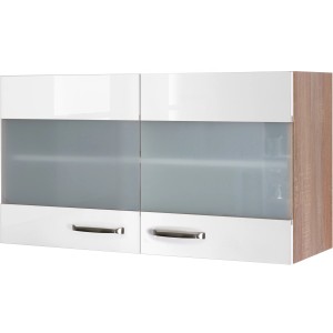 Flex-Well Hängeschrank Valero, 100 cm, Hochglanz Weiß/Sonoma Eiche, mit Glastüren.
