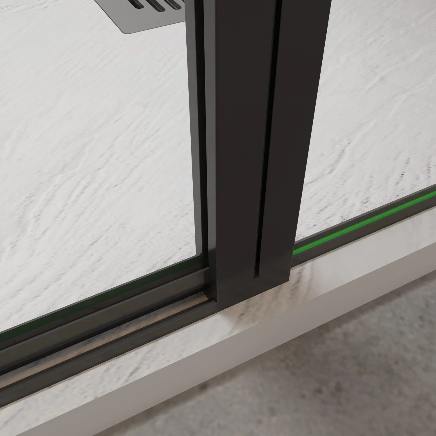 Detailaufnahme: Schwarzer Rahmen einer AICA Duschkabine mit Drehtür und Nischentür.