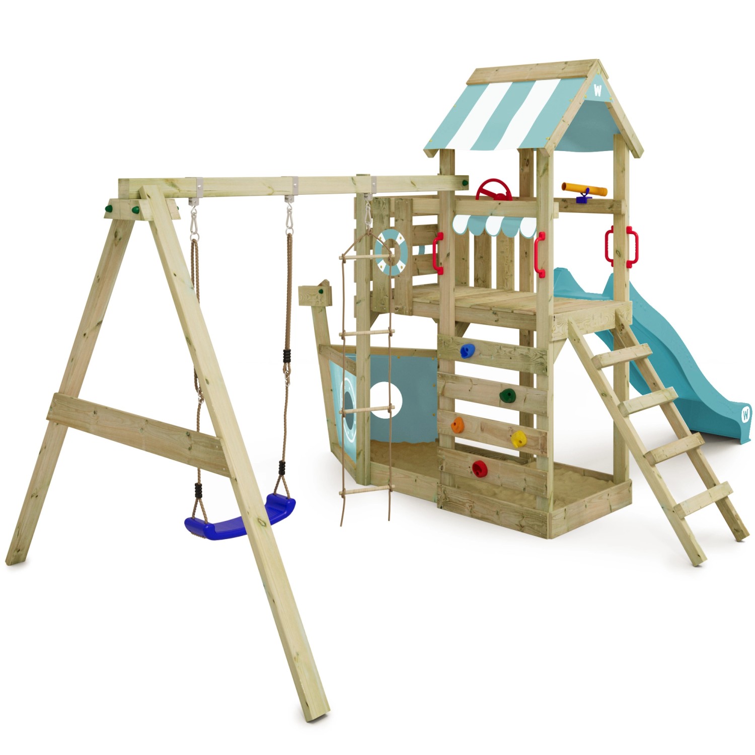 Wickey Spielturm SeaFlyer mit Rutsche und Schaukel in Pastellblau.