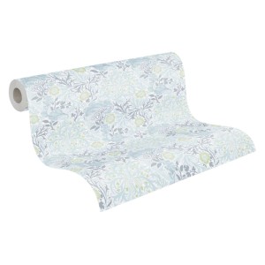 Rolle PROFHOME Vliestapete mit Blumenmuster in Grau, Hellgrün und Silber-Grau.