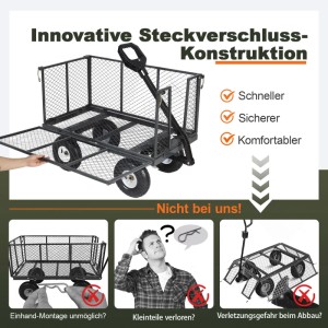 Sekey Garten Plattformwagen mit Vollgummi-Luftreifen, 550 kg Tragkraft. Eine Seite geöffnet, abnehmbare Seitenteile.