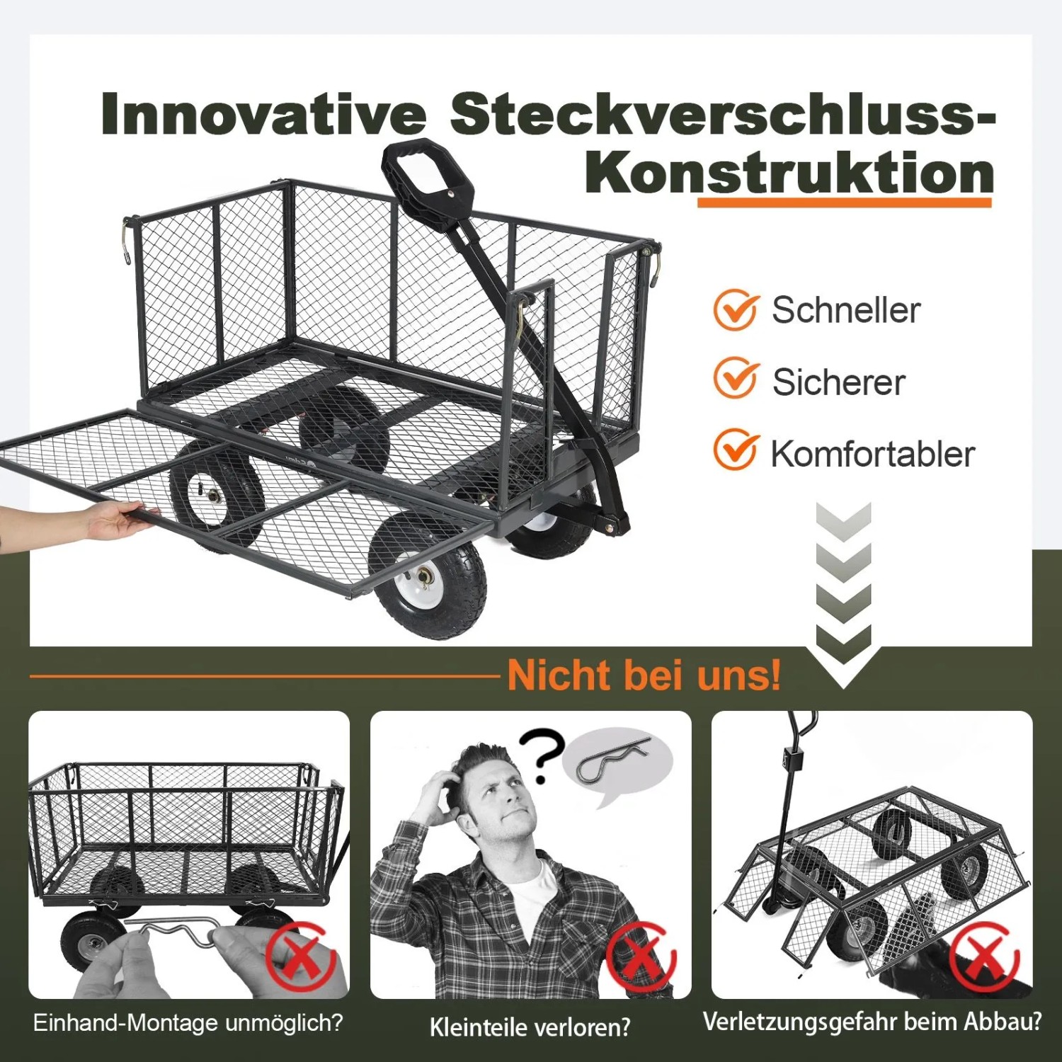 Sekey Garten Plattformwagen mit Vollgummi-Luftreifen, 550 kg Tragkraft. Eine Seite geöffnet, abnehmbare Seitenteile.