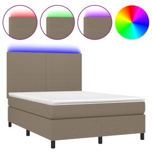 Boxspringbett Taupe 140x200 cm mit LED-Kopf, Stoffbezug. Bett mit Matratze und Topper.