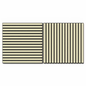 Akustikpaneele Lino Pearl, 2er Set, MDF schwarz, Filz schwarz, 60x60cm, horizontale und vertikale Ausrichtung.