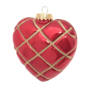 Rotes Herz Weihnachtsornament mit goldenem Karomuster von Krebs Glas Lauscha, 5 cm.