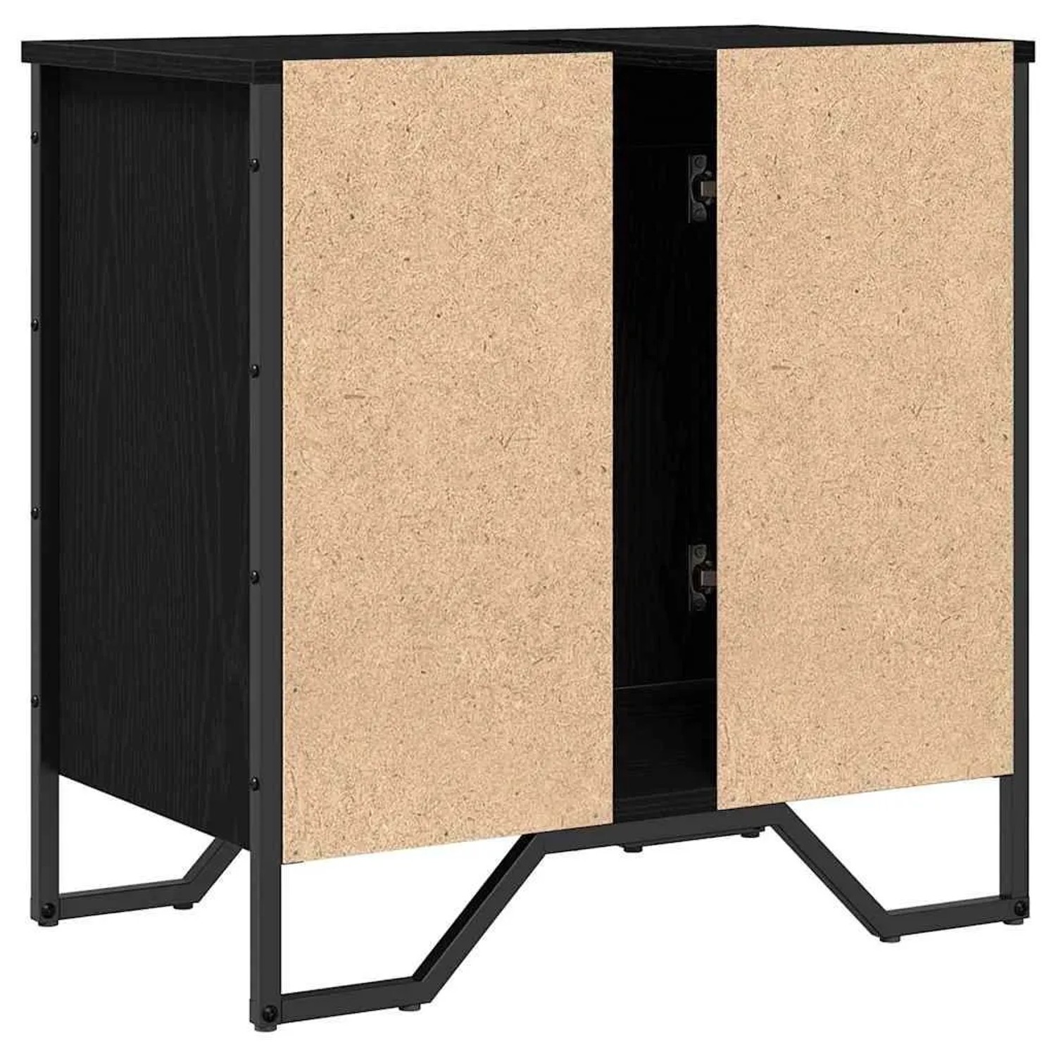 vidaXL Waschbeckenschrank in Schwarz Eichen-Optik, 60 cm breit, mit offenen Türen und Metallbeinen.