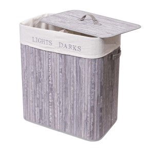 Grau-blauer MCW Wäschekorb aus Bambus mit Deckel und herausnehmbarem Wäschesack.