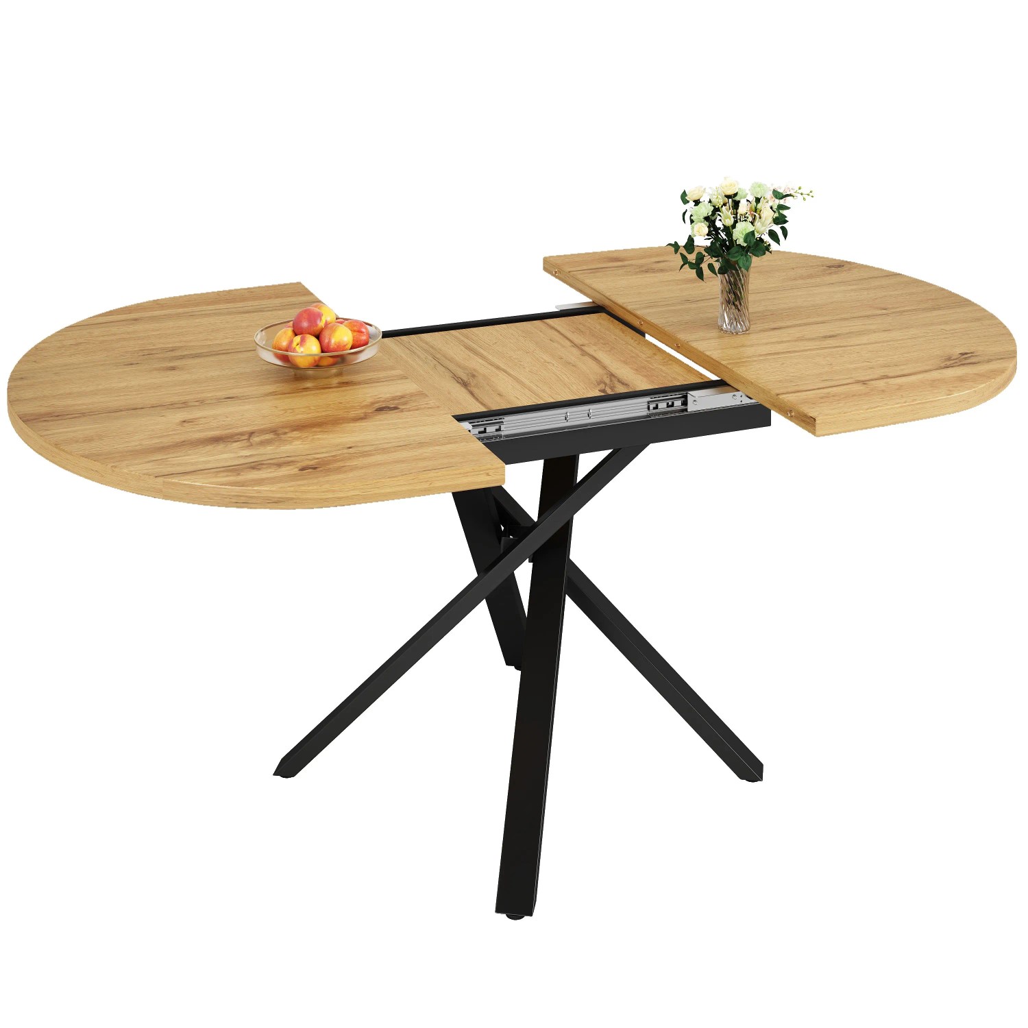 okwish Esstisch Rund Ausziehtisch mit Marmoroptik und Robustem X-Metallgestell 100 × 100 cm Natur