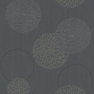 Tadessi Vliestapete Luigi mit geometrischen Kreisen und Punkten in Grau und Schwarz.