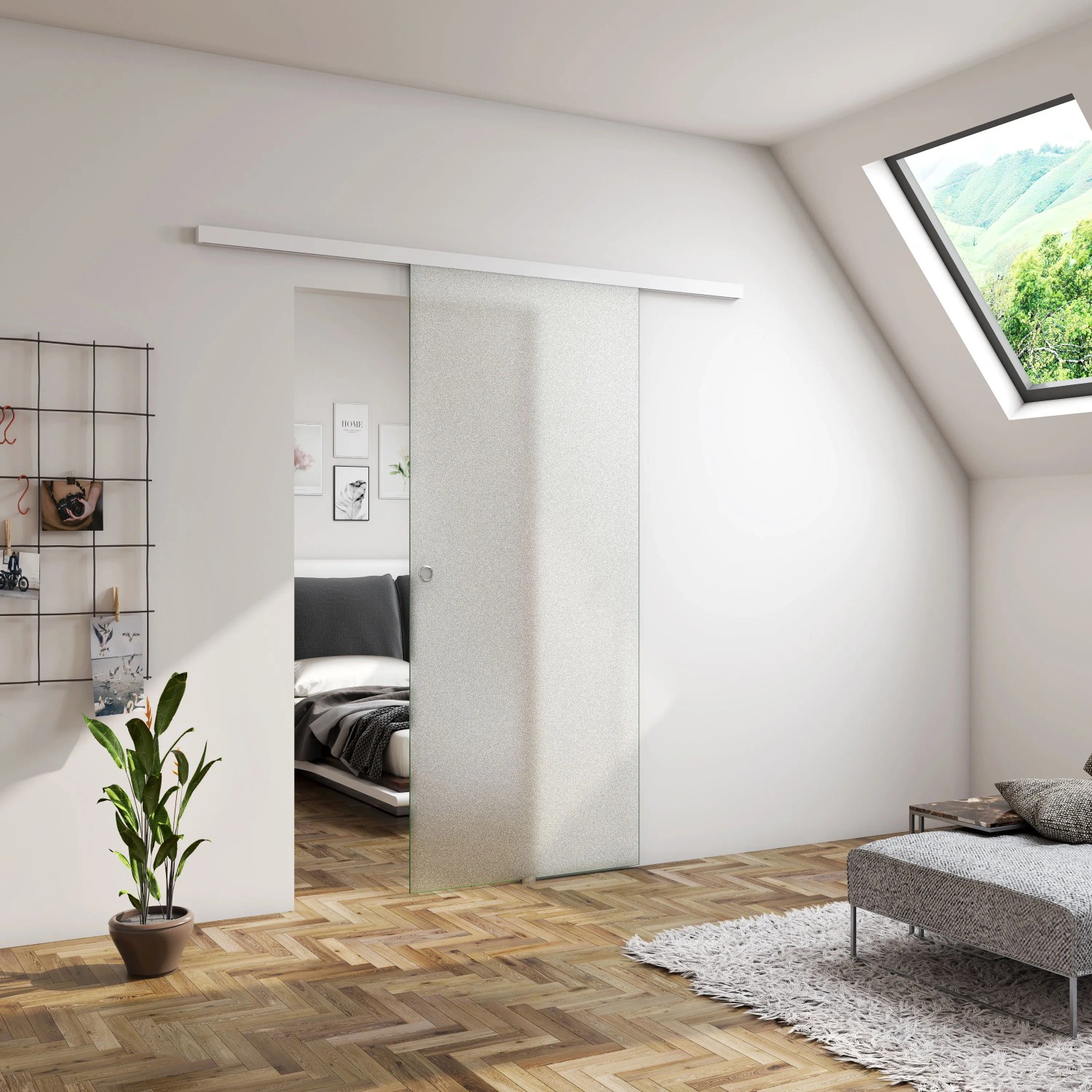 AICA Glasschiebetür 90x225cm, Mattglas, vor Wand laufend, mit Griffmuschel im modernen Schlafzimmer.