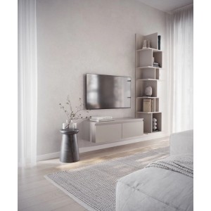Selsey TV-Hängeboard Bemmi 100 cm in Kaschmirgrau, schwebend unter TV, mit zwei Klappfächern im modernen Wohnzimmer.