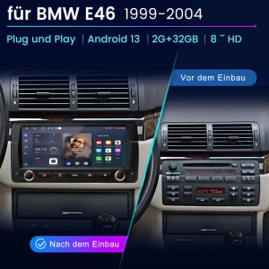 Junsun Autoradio für BMW E46: 8 Zoll Android 13 Touchscreen im Armaturenbrett, vor und nach dem Einbau.