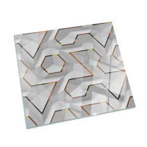 Quadratische Tulup Glasplatte 60x60 cm mit weißem 3D-Geometrie-Muster für Kamin & Ofen Bodenschutz.