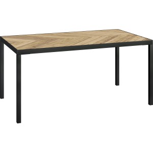 Rechteckiger Gartentisch Ovando (160x90cm) mit Holzoptik-Tischplatte und schwarzem Stahlgestell.