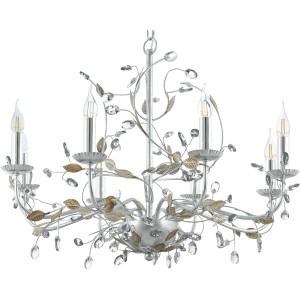 Verschnörkelter, silberner Eglo Kronleuchter Flitwick 1 mit acht Leuchten und dekorativen Kristallen.