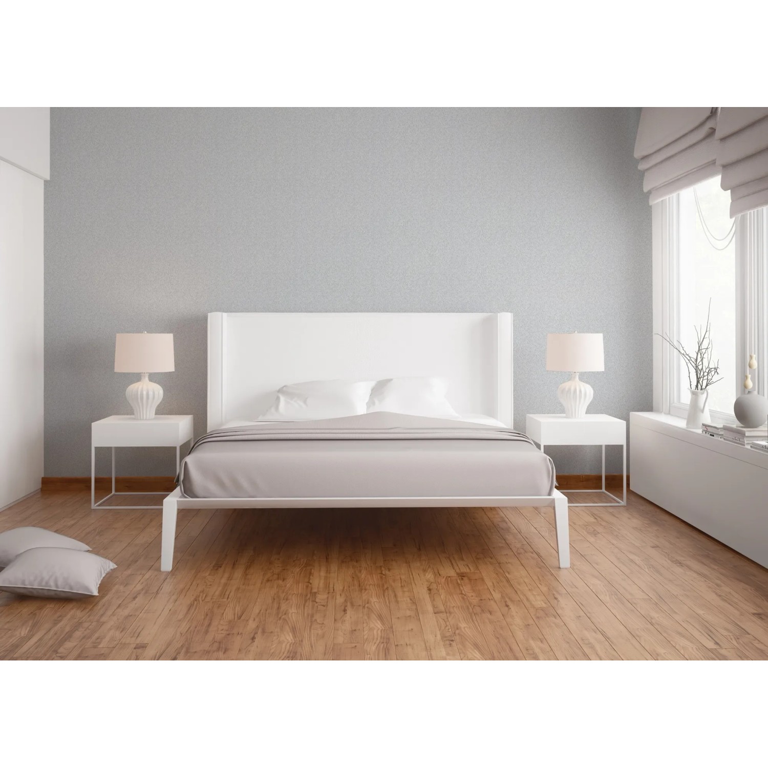 Schlafzimmer mit AS-Creation Vliestapete Attractive Blätter in Grau/Weiß.