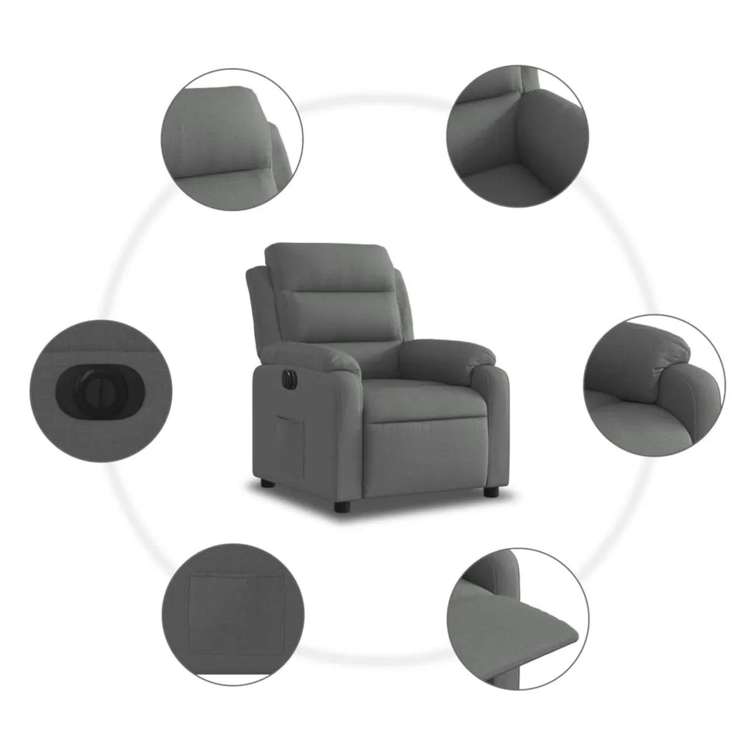 Dunkelgrauer Relaxsessel elektrisch mit Stoffbezug und Details wie Seitentasche und Knopf zur Verstellung.