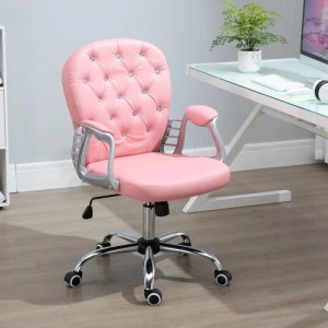 Rosa Vinsetto Bürostuhl mit gepolsterter, getufteter Rückenlehne, silbernen Armlehnen und Rollen. Ergonomischer, höhenverstellbarer Schreibtischstuhl.
