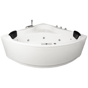 Eck-Whirlpool Badewanne Malai Premium, 150x150 cm, weiß, mit Armatur und Kopfstützen.