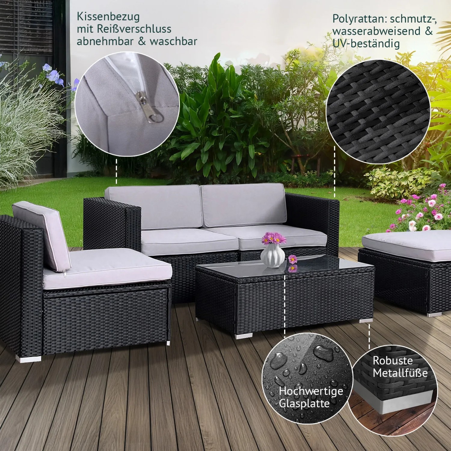 Schwarze Svita California Gartenlounge aus Polyrattan mit grauen Kissen als Balkon-Set.