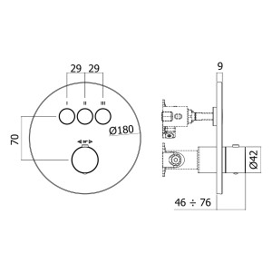 Technische Zeichnung: pianura Thermostat Unterputz für 3 Verbraucher, Maße und Details.