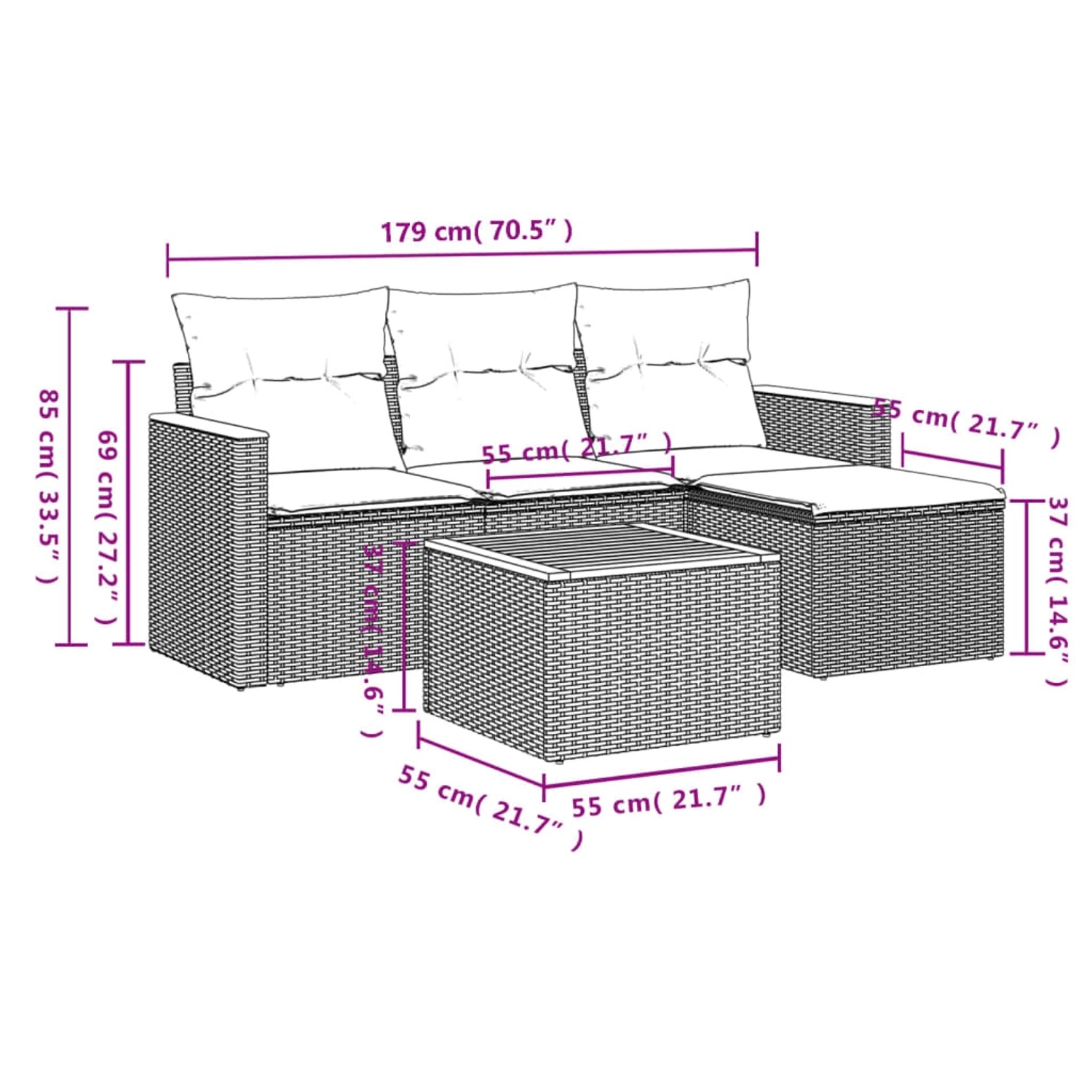 Graue 5-teilige vidaXL Garten-Sofagarnitur aus Polyrattan mit Kissen.