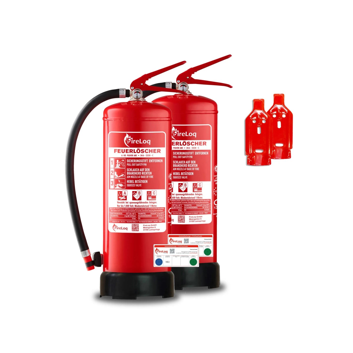 FireLoq 2x 6kg Pulverlöscher 34A 233B C Prüfnachweis Wandhalter Manometer