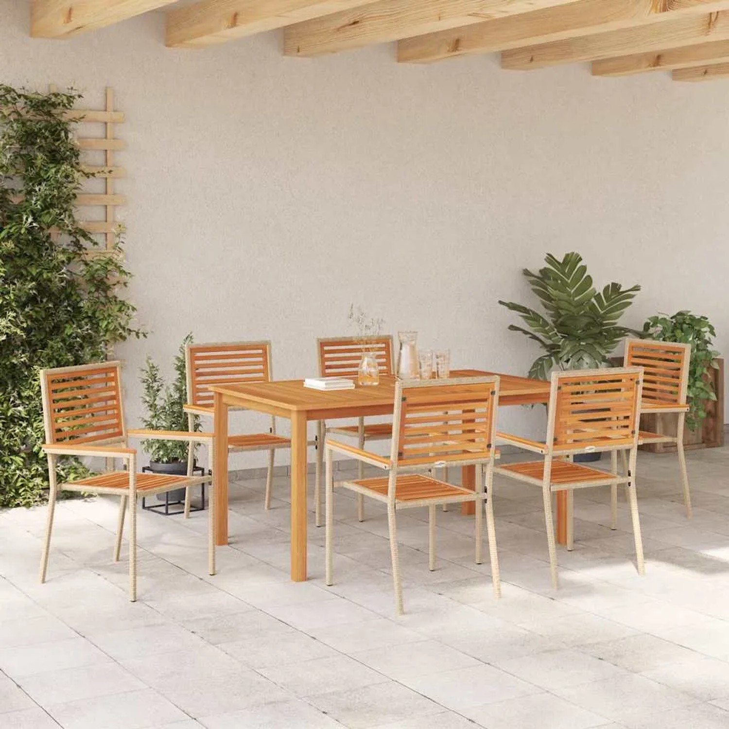 Beige 7-tlg. vidaXL Garten Essgruppe aus Poly Rattan. Gartentisch mit 6 Stühlen für Terrasse und Garten.