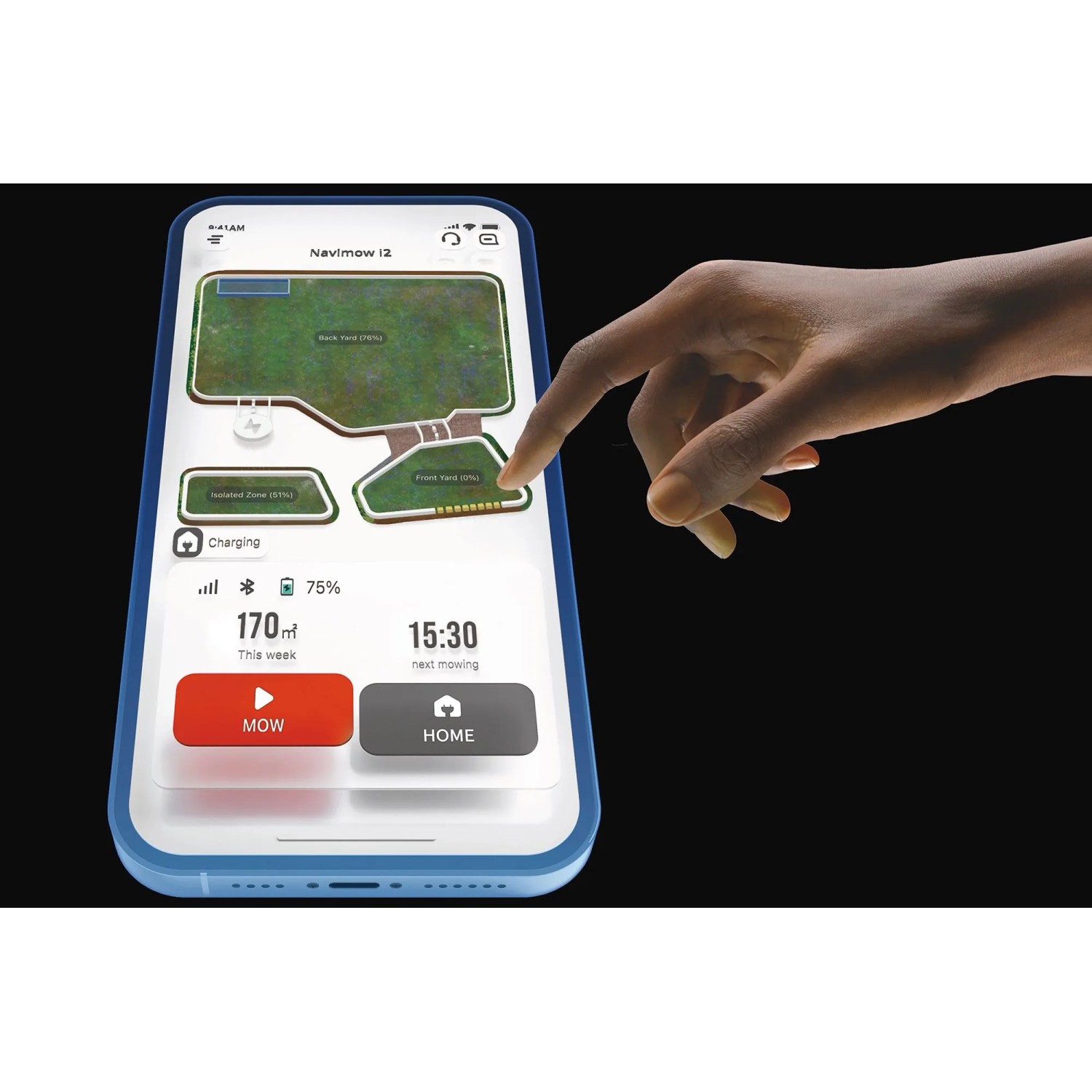 Smartphone mit Navimow App zur Steuerung des Segway Mähroboters i210E.