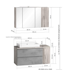 Held Möbel Waschtisch-Set Ancona, 105 cm, Weiß-Wotaneiche mit Aufsatzbecken links und Spiegelschrank.