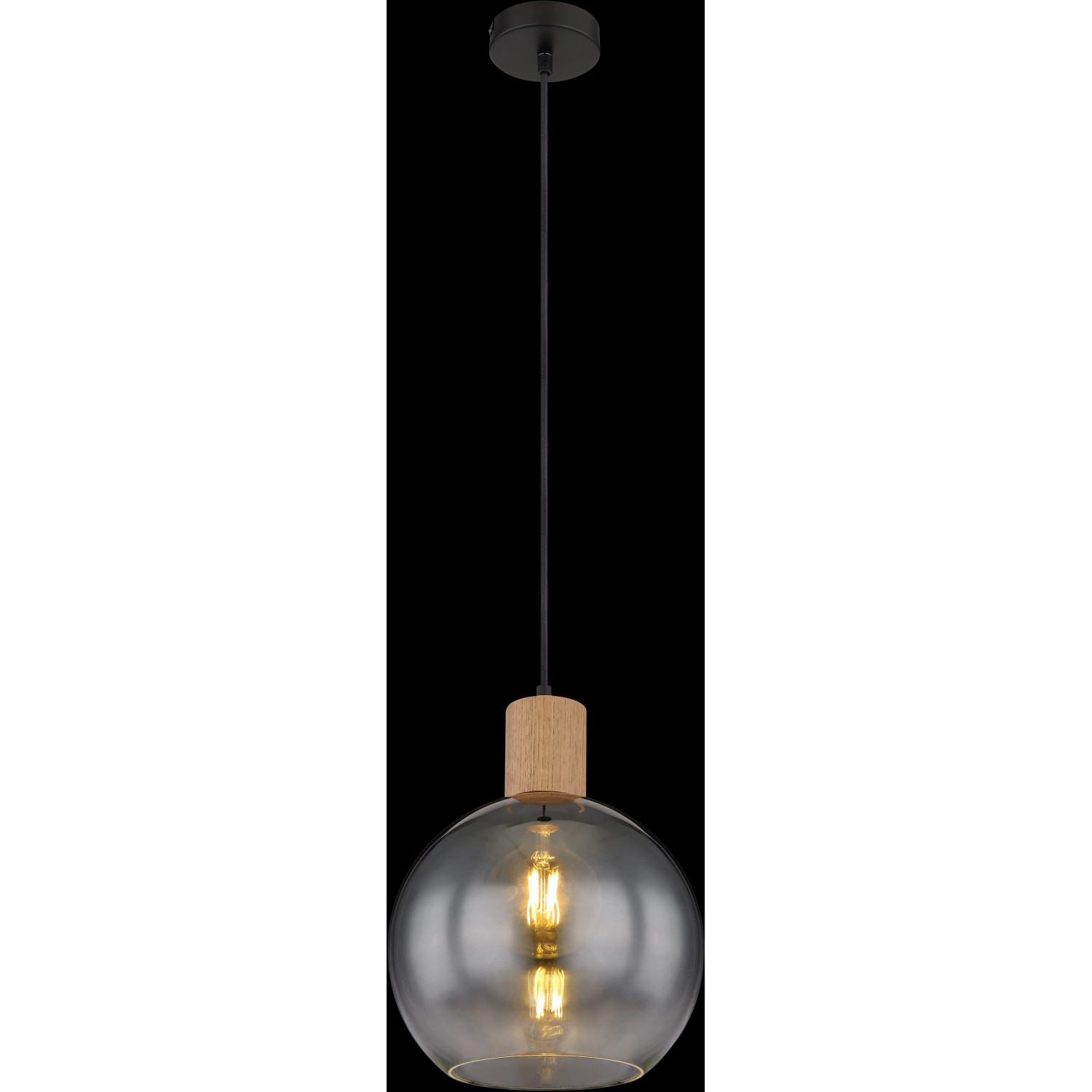 Moderne Pendelleuchte Moitas mit Rauchglas-Schirm, schwarzem Kabel und Holzoptik. Ideal für Wohnräume.