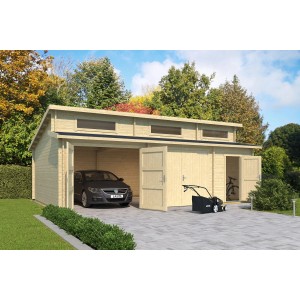 Lasita Garage Hawaii Set: Doppelgarage aus Holz mit Holztoren, naturbelassen, mit Auto, Rasenmäher und Fahrrad.