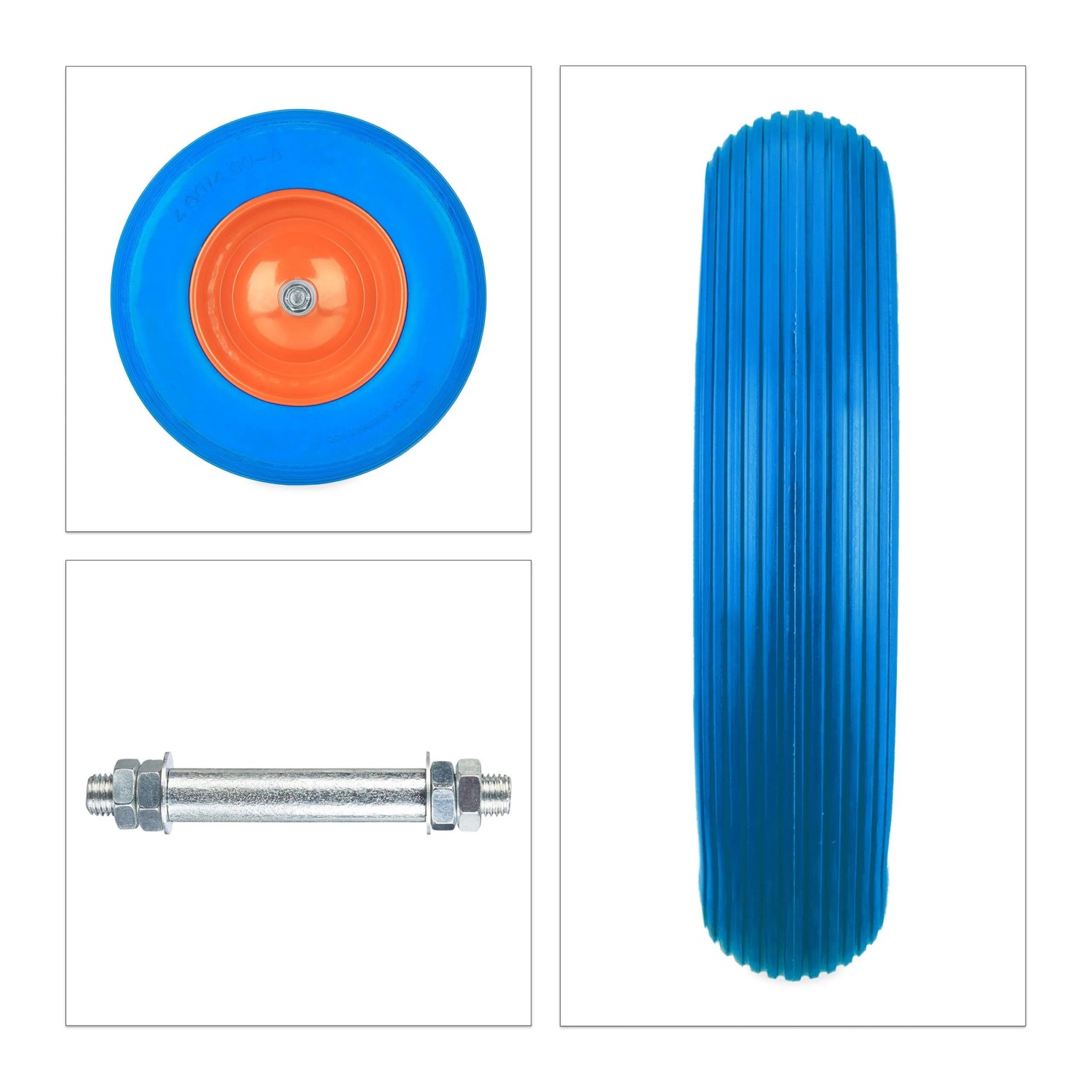 Relaxdays Schubkarrenrad mit Achse PU-Gummi Stahl Blau Pannensicher 39 cm x 8,5 cm 2,2 kg